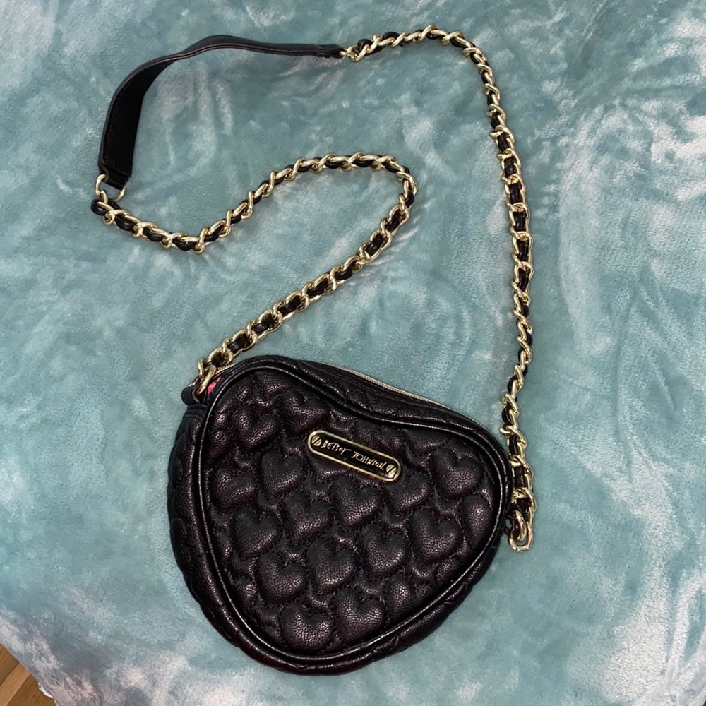 Black, leather, heart shaped Betsey Johnson satchel